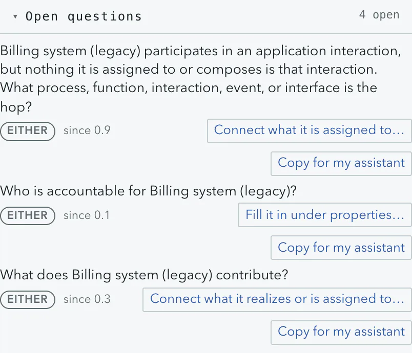 The open questions on the legacy billing system, each with its verb.